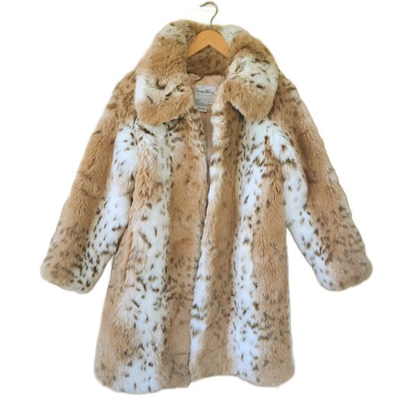 PAMELA MCCOY Lynx Faux Fur Coat Stroller Size Small Tan Off-White Mid Length - Picture 6 of 9